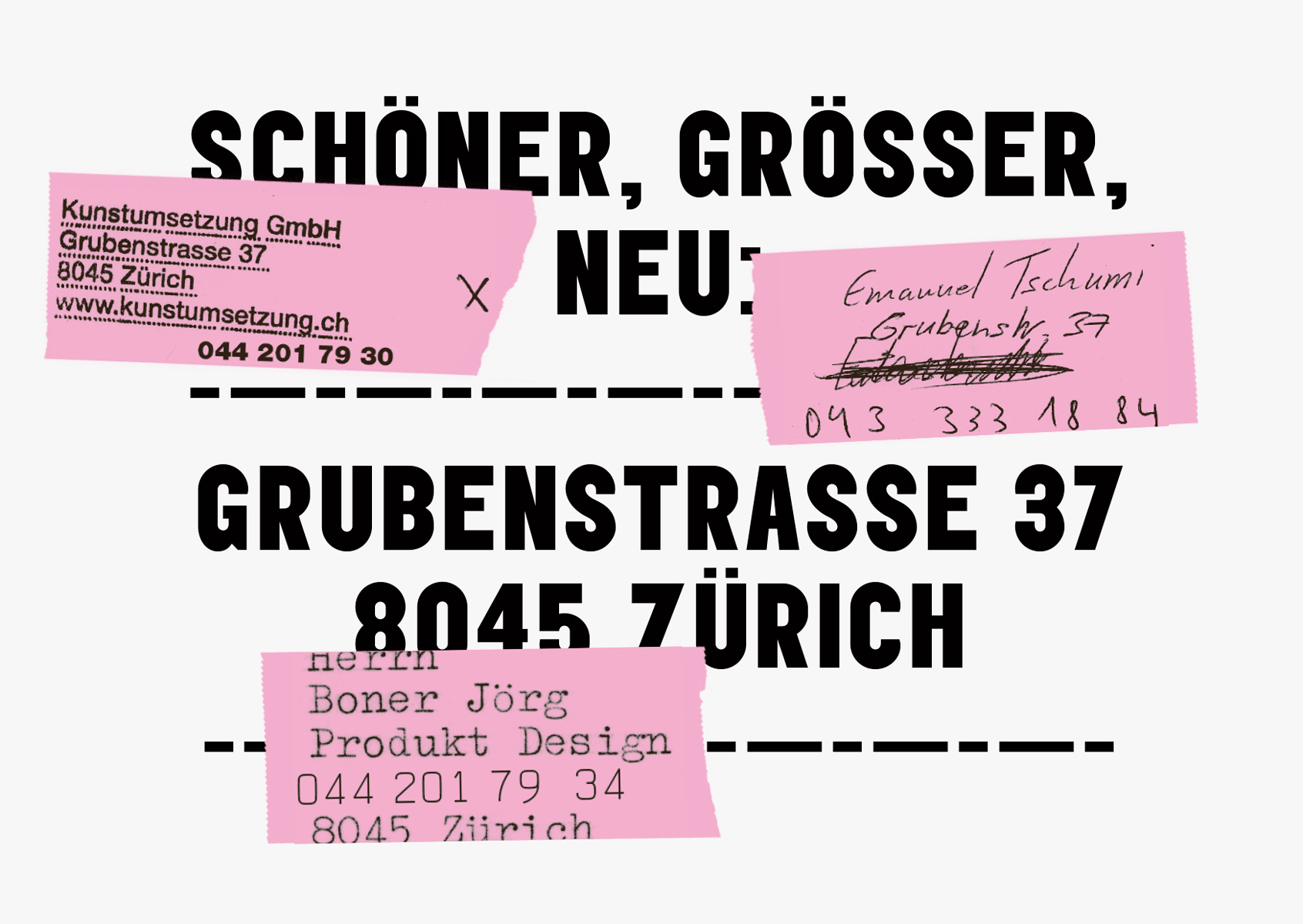 Umzugsanzeige für Bürogemeinschaft Kunstumsetzung GmbH Pius Tschumi, jörg boner productdesign, Emanuel Tschumi Grafik Design, 2006